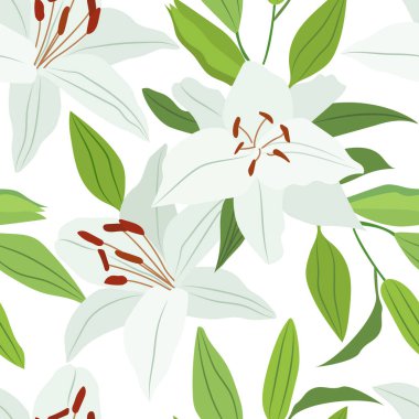 White lily with green leaves isolated on a white background. Seamless vector pattern.