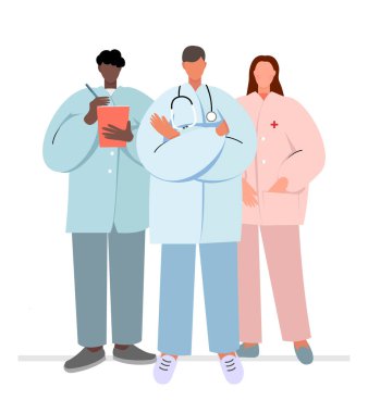 Steteskopu ve dosyası olan üç doktor. Resimler beyaz arkaplanda izole edildi.