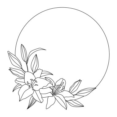 Floral wreath with lily flowers. Line art illustration isolated on a white background.	