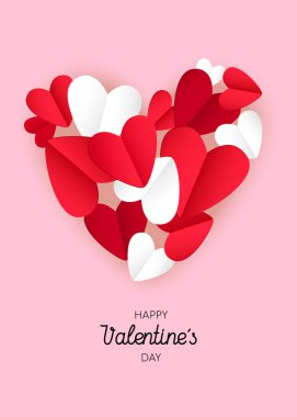 Colorful hearts on a pink background. Happy Valentine's Day greeting card in paper cut style. EPS 10.