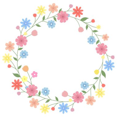 Round frame with colorful flowers and leaves isolated on a white background. Vector illustration.	
