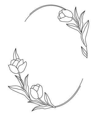 Floral frame with tulips flowers. Line art illustration isolated on a white background.	