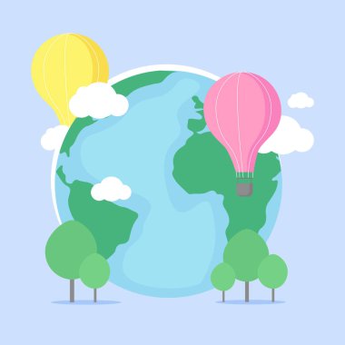 Blue Earth with trees, clouds and air balloons. illustration for World Earth Day. Save Earth.