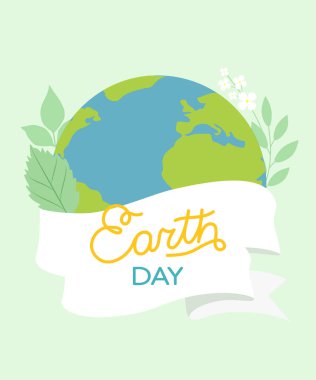 A layer of Earth with nice flowers around. Earth day phrase on white ribbon. Illustration for World Earth Day. Save the earth
