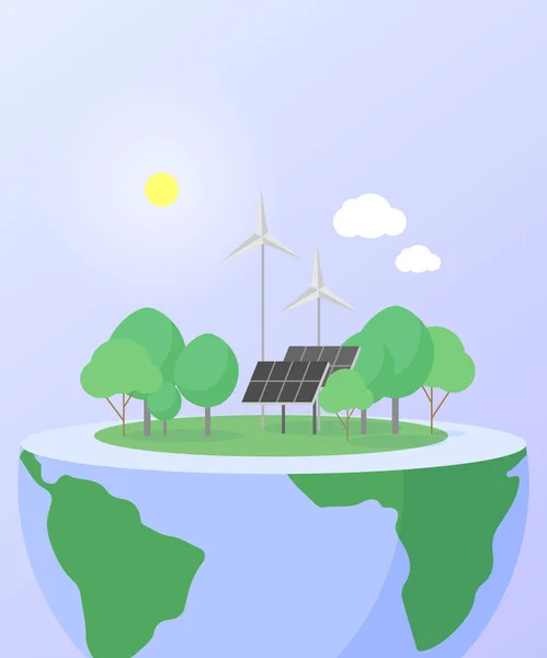 stock vector A layer of Earth with solar panels, windmills and a forest. World Earth Day poster.