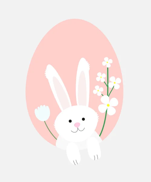 Nettes Kaninchen Mit Blumen Auf Einer Rosa Eiersilhouette Ostergrußkarte — Stockvektor