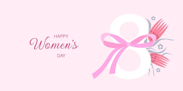 Osm Čísel Růžovými Květy Pruhem Pozdrav Mezinárodní Den Žen Vektorová — Stockový vektor
