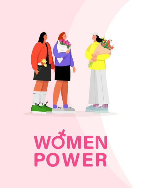 Три Жінки Букетами Жіноча Фраза Вітальня Міжнародний Жіночий День — стоковий вектор