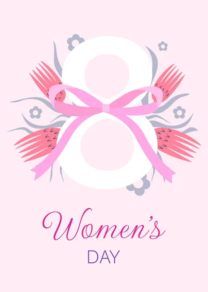 Вісім Рожевими Квітами Смужкою Вітання Листівки Міжнародний Жіночий День Приклад — стоковий вектор