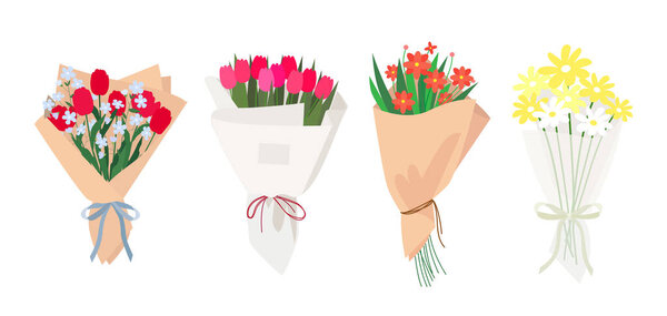 Floral vector bouquet with colorful flowers in craft paper. Set of four illustrations.	