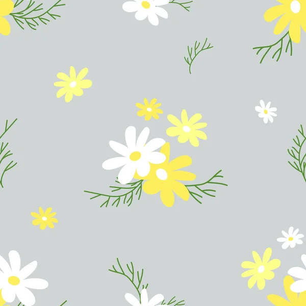 Composition Daisy Flowers Leaves Gray Background Seamless Vector Pattern — Stock Vector
