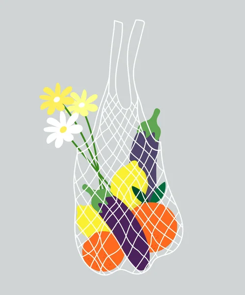 Shopping Mesh Bag Fruits Daisies Grey Background Ecological Illustration — Stock Vector