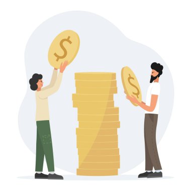 Bir erkek ve bir kadın para yığıyor. Aile bütçesi. Bozuk para piramidi. Kişisel finans yönetimi ve finansal okuryazarlık kavramı. Vektör illüstrasyonu.