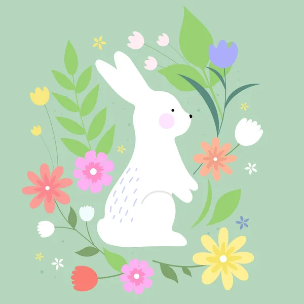 Cheerful Bunny Floral Background Easter Card — Stock Vector