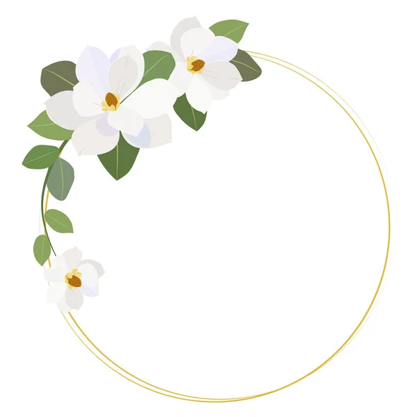 Goldener Runder Rahmen Mit Weißen Blüten Und Grünen Blättern Auf — Stockvektor