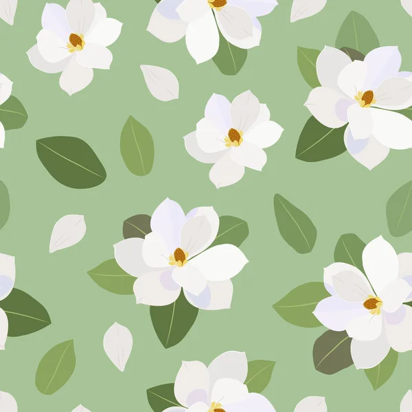 Weiße Blüten Mit Blättern Auf Hellgrünem Hintergrund Nahtloses Vektormuster — Stockvektor
