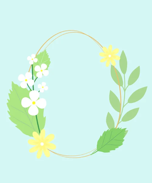 Goldenes Mit Blüten Und Blättern Auf Blauem Hintergrund Ostergrußkarte — Stockvektor