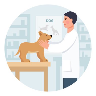 Veteriner köpeği muayene ediyor. Veteriner kliniğinde bir köpek. Veteriner çalışıyor. Vektör illüstrasyonu.