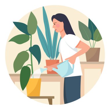 Bir kadın çiçekleri suluyor. Evde yeşillik var. Vektör illüstrasyonu.