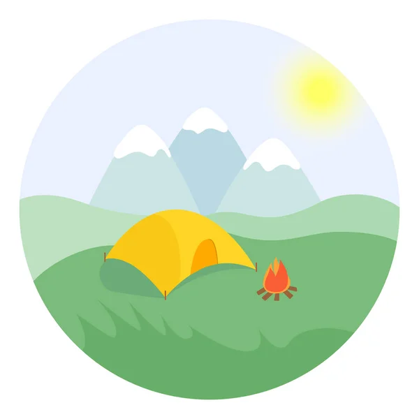 Палатка Огнем Горах Горный Пейзаж Векторная Плоская Иллюстрация — стоковый вектор