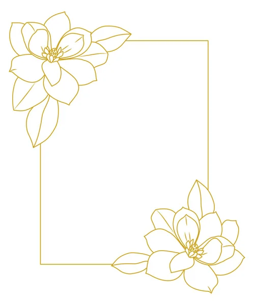 Bingkai Emas Dengan Bunga Magnolia Ilustrasi Seni Garis Kartu Pernikahan - Stok Vektor