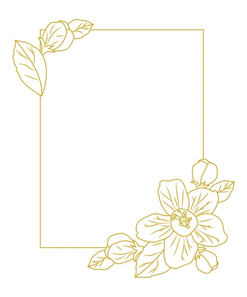 Bingkai Emas Dengan Bunga Apel Dan Daun Ilustrasi Seni Garis - Stok Vektor