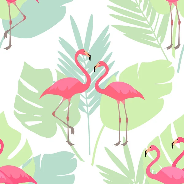 粉红火烈鸟 有热带叶子 白色背景 无缝线矢量图 — 图库矢量图片