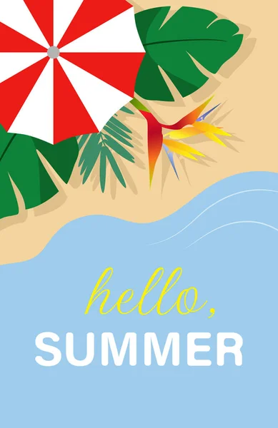 Bonjour Summer Phrase Sur Fond Été Parapluie Avec Feuilles Tropiques — Image vectorielle