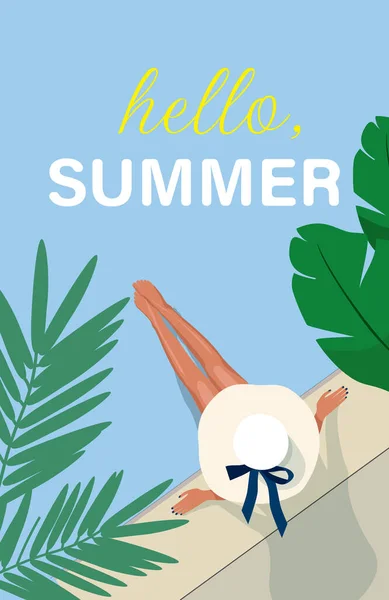 Femme Chapeau Bronzant Feuilles Tropicales Hello Summer Phrase Sur Fond — Image vectorielle