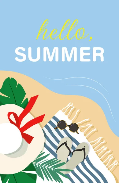 Bonjour Summer Phrase Sur Fond Plage Avec Chapeau Lunettes Soleil — Image vectorielle