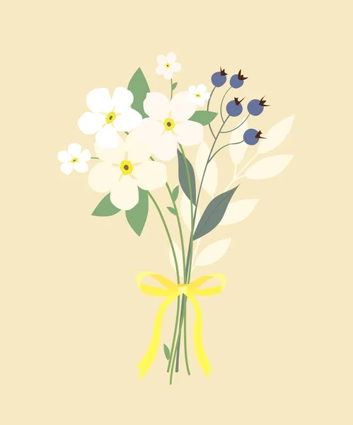 Ein Strauß Zarter Blumen Mit Schleife Auf Beigem Hintergrund Vektorillustration — Stockvektor