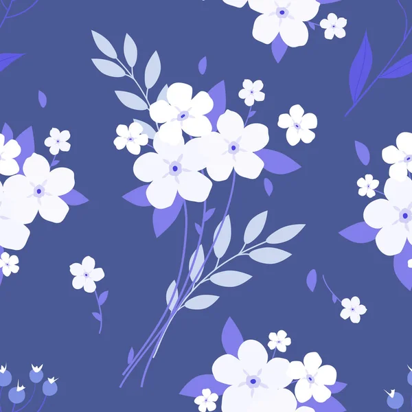 Монохромный Букет Цветов Синем Фоне Бесшовный Векторный Шаблон — стоковый вектор