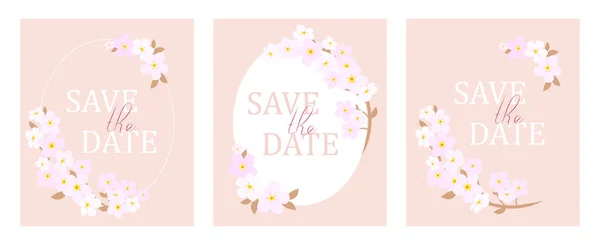 Set Three Wedding Cards Pink Flowers Pink Background Date Text — Stock Vector
