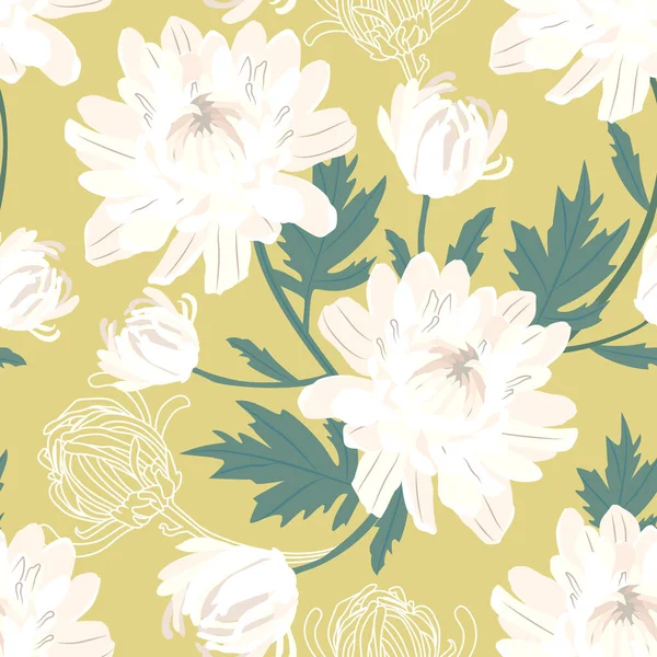 Weiße Chrysanthemen Blühen Auf Ockerfarbenem Hintergrund Nahtloses Vektormuster — Stockvektor