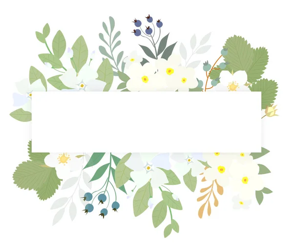 Rektangel Ramme Med Haven Blomster Bær Isoleret Hvid Baggrund Blomsterramme – Stock-vektor