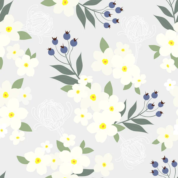 Gentle White Flowers Blue Background Seamless Vector Pattern — Stock Vector
