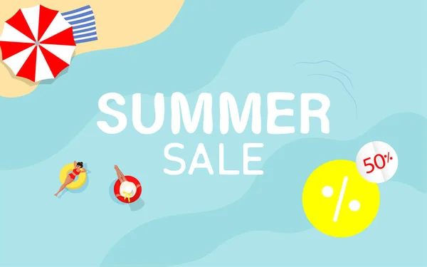 Summer Sale Vector Banner Beach Sea Girls Floats Summer Sale — Stock Vector
