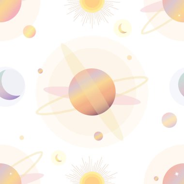 Beyaz arka planda renkli gezegenler. Satürn, güneş ve ay. Kusursuz vektör deseni.