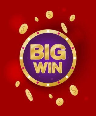 Büyük kazanç. Kırmızı zemin üzerinde altın sikkeler olan geçmişe dönük bir pankart. Poker, ikramiye, rulet, kart ya da piyango kazananları. Vektör illüstrasyonu.