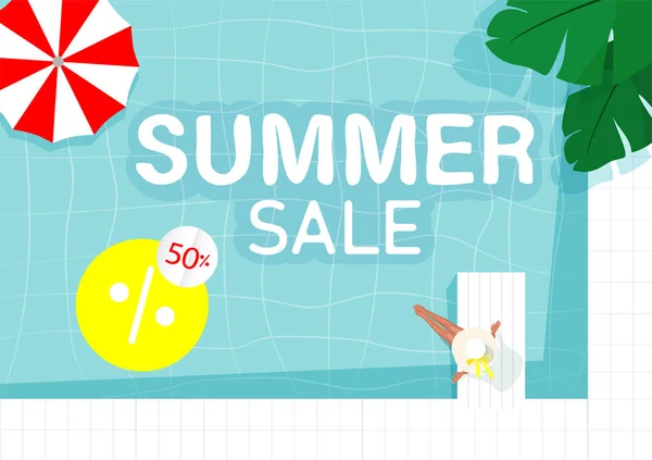 Summer Sale Vector Banner Girl White Pool Summer Sale Bright — Stock Vector