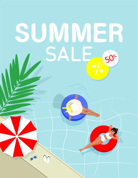 Summer Sale Vector Banner Girls Floats Pool Summer Sale Bright — Stock Vector