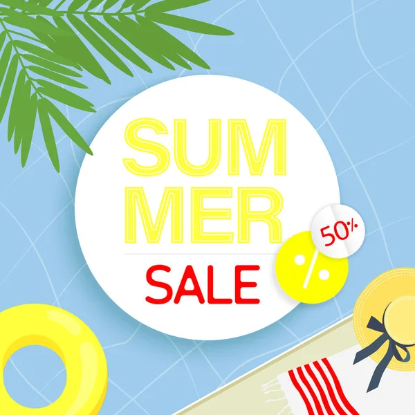 Summer Sale Vector Banner Palm Leaves Swimming Pool Float Summer — Stock Vector