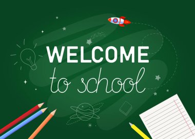 Okul afişine hoş geldiniz. Okul tahtasındaki yazı. Vektör illüstrasyonu.