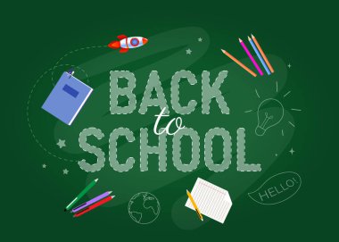 Yeşil okul tahtasının arka planındaki okul metnine geri dönelim. Vektör illüstrasyonu.