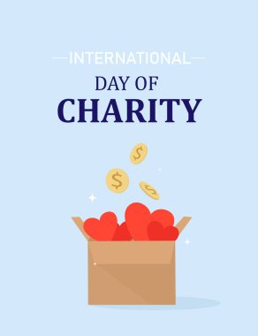 Uluslararası Yardım Günü kartı. Mavi arka planda bağışlarla dolu bir kutu.