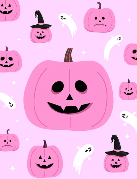 Pink Pumpkins Ghost Pink Background Vector Card Halloween — Stock Vector