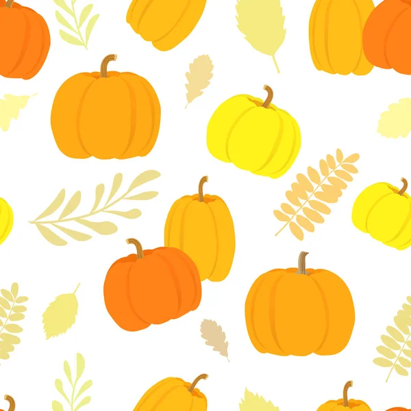 Orange Pumpkins Autumn Leaves White Background Colorful Pumpkins Seamless Vector — Stock Vector