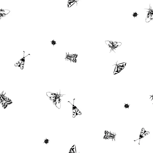 Mariposas Escarabajos Negros Sobre Fondo Blanco Patrón Vector Inconsútil — Archivo Imágenes Vectoriales