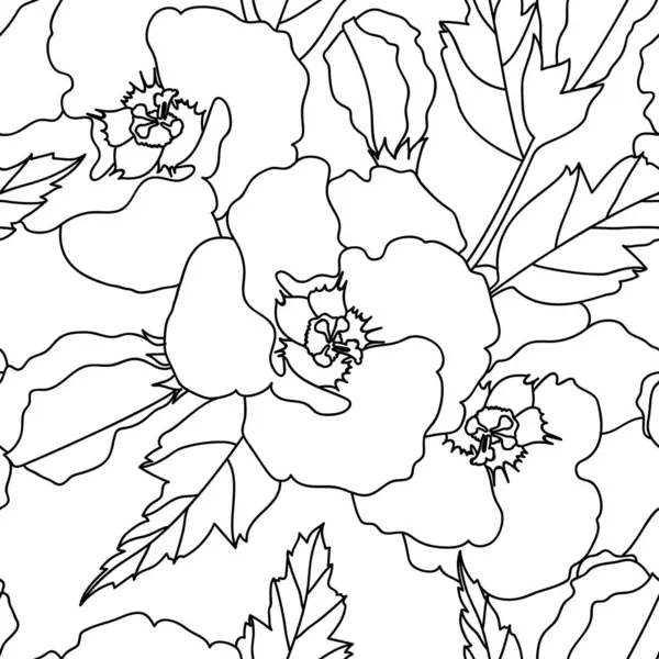 Hibiskusblüten Auf Weißem Hintergrund Nahtloses Vektormuster Mit Schwarzen Linien — Stockvektor