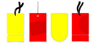 Gölgeli kırmızı ve sarı etiketli şablonlar. Beyaz arkaplanda izole edilmiş dört görüntüden oluşan bir set.